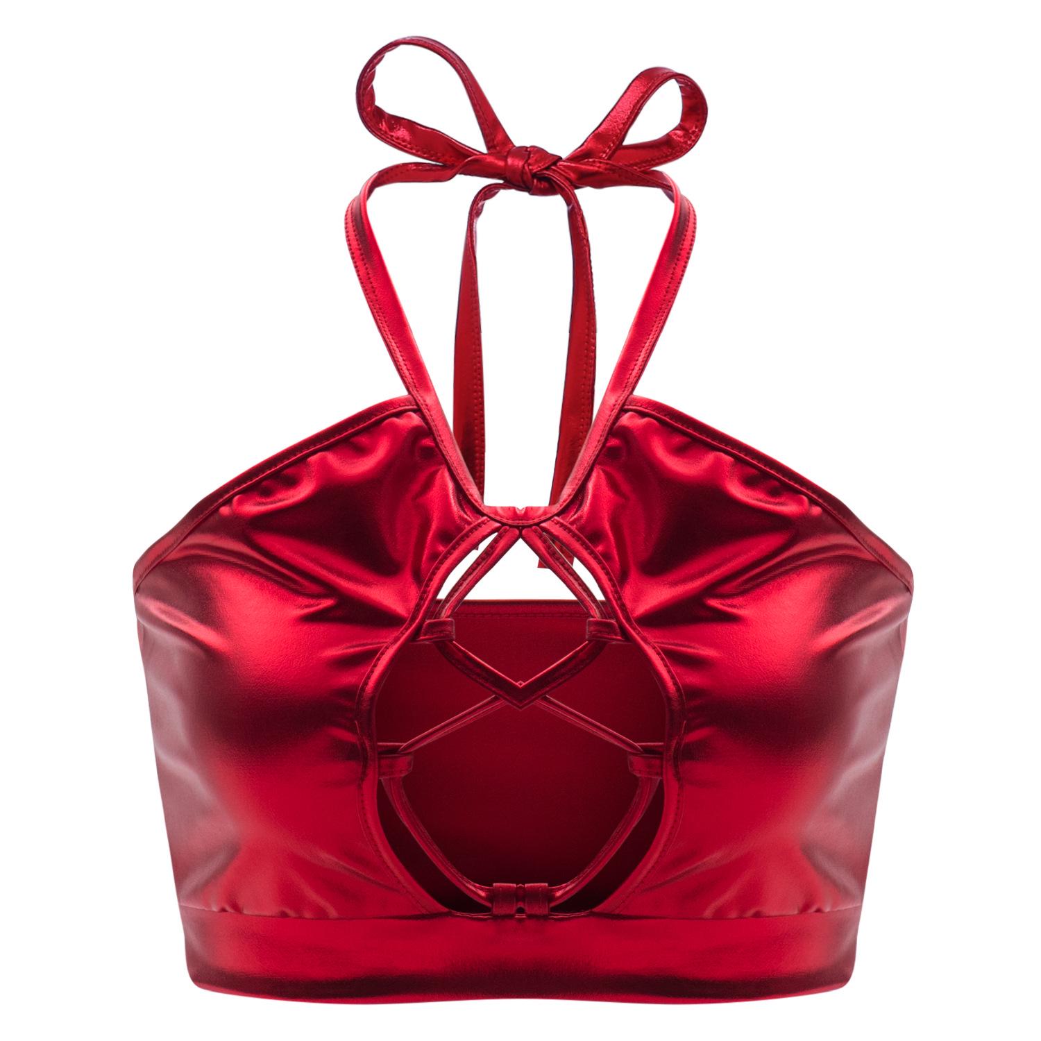 Damen Metallic-Neckholder-Tanktop, ärmellos, Spaghettiträger, Unterhemd, Weste, BH, bauchfreies Tube-Top für Party und Club XL rot von Joom DACH