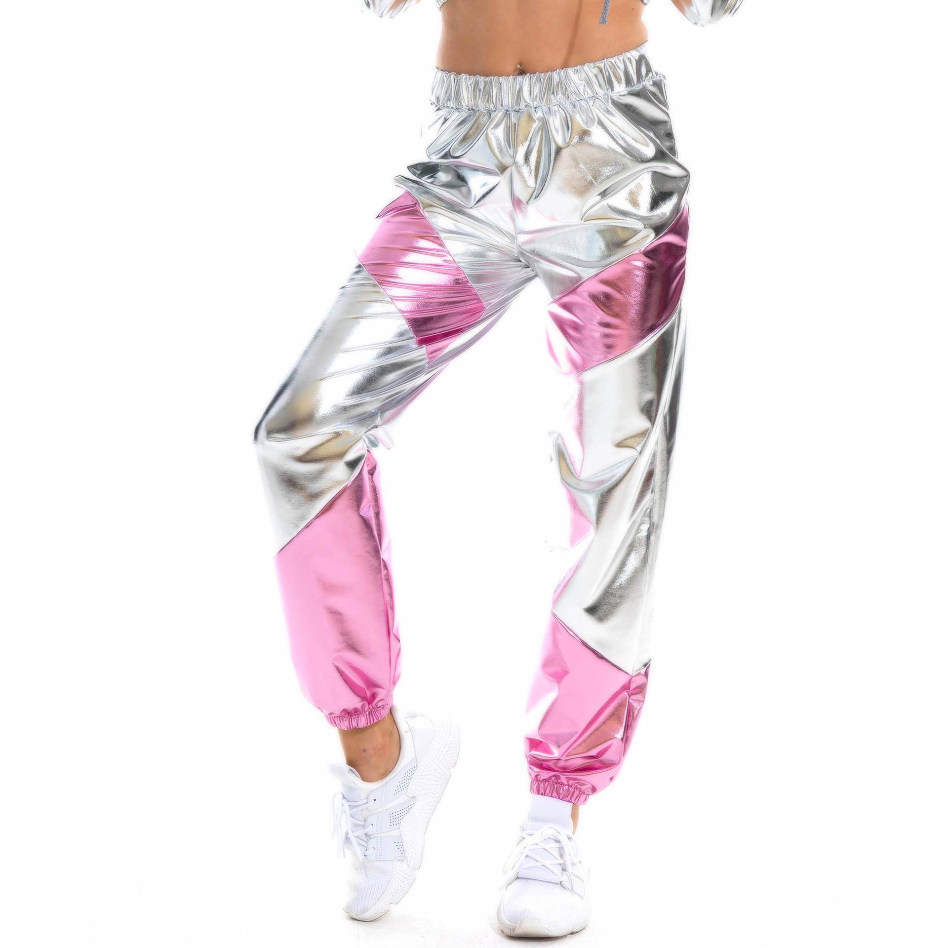 Damen Metallic Shiny Jogger Pants High Waist Cargo Pant Hip Hop Hose für Club Disco Dancewear L rosa/silber von Joom DACH