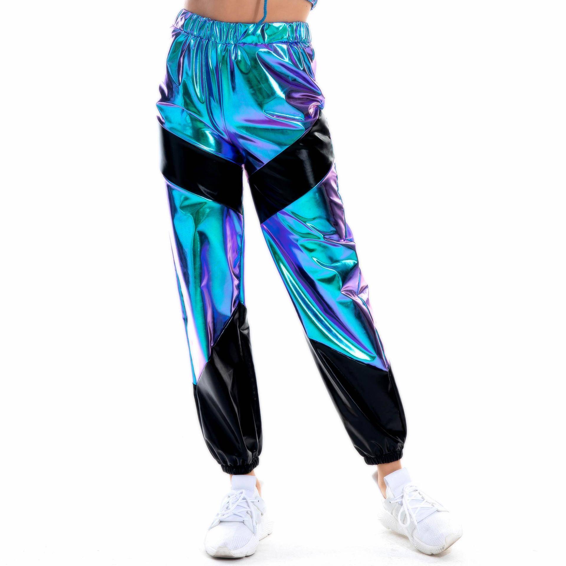 Damen Metallic Shiny Jogger Pants High Waist Cargo Pant Hip Hop Hose für Club Disco Dancewear L blau von Joom DACH