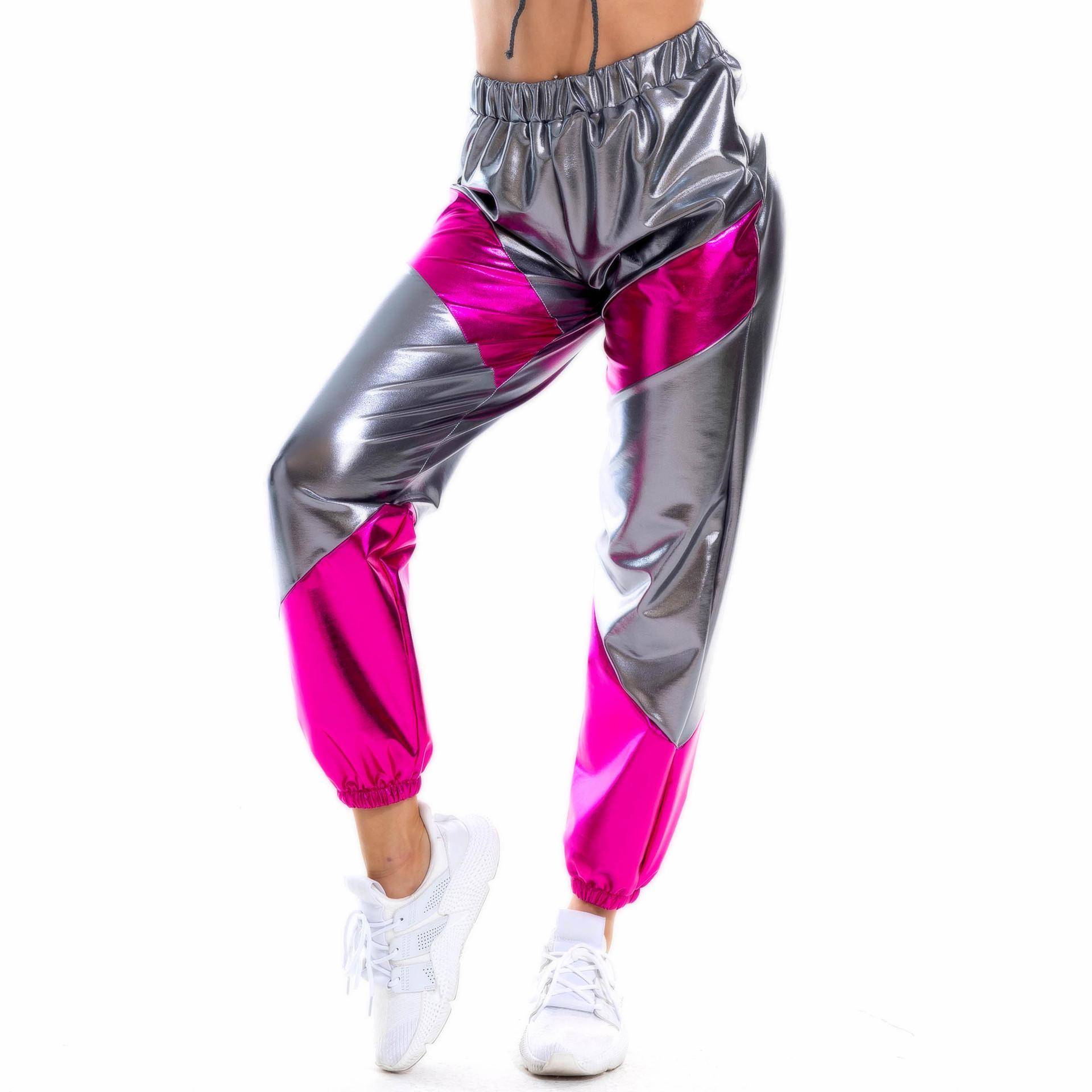 Damen Metallic Shiny Jogger Pants High Waist Cargo Pant Hip Hop Hose für Club Disco Dancewear S graue von Joom DACH