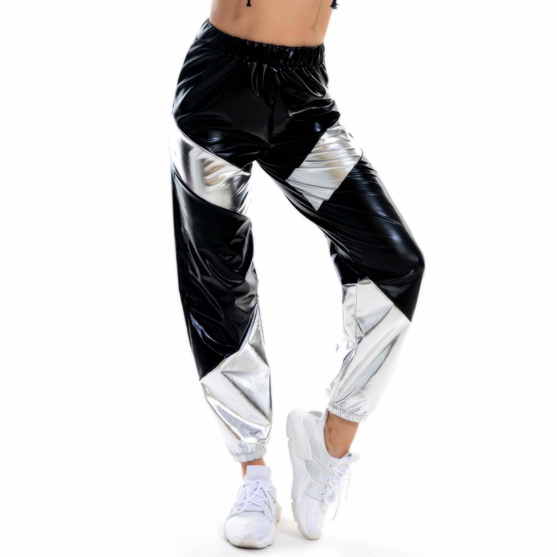 Damen Metallic Shiny Jogger Pants High Waist Cargo Pant Hip Hop Hose für Club Disco Dancewear XL schwarz von Joom DACH