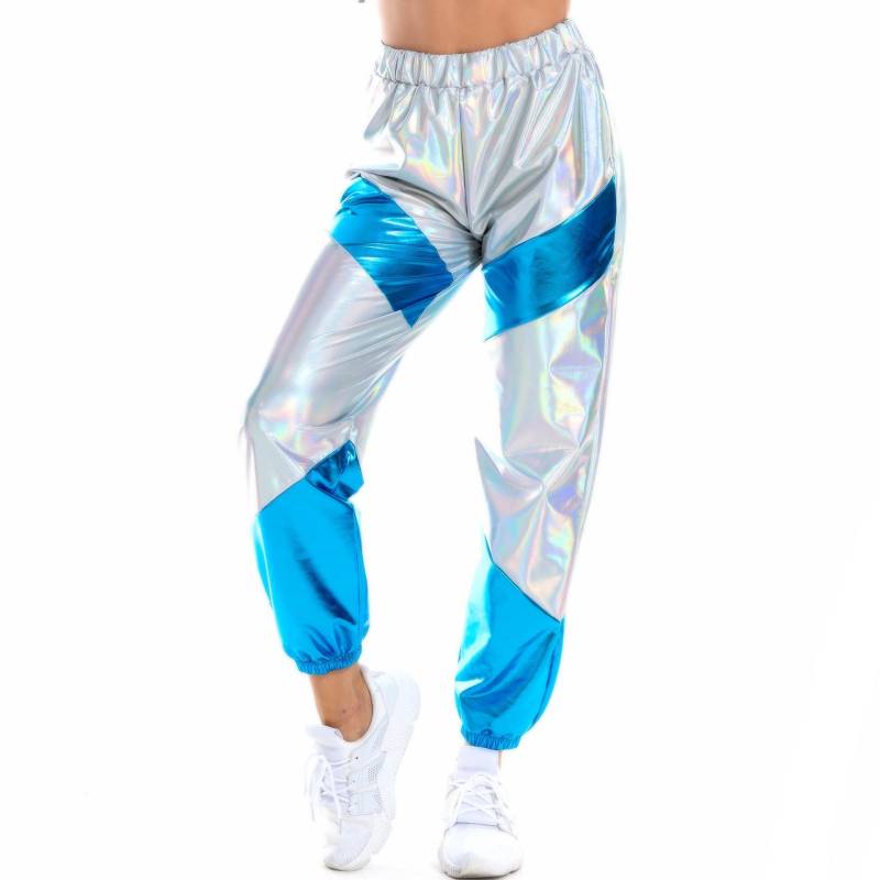 Damen Metallic Shiny Jogger Pants High Waist Cargo Pant Hip Hop Hose für Club Disco Dancewear XXL silber/blau von Joom DACH