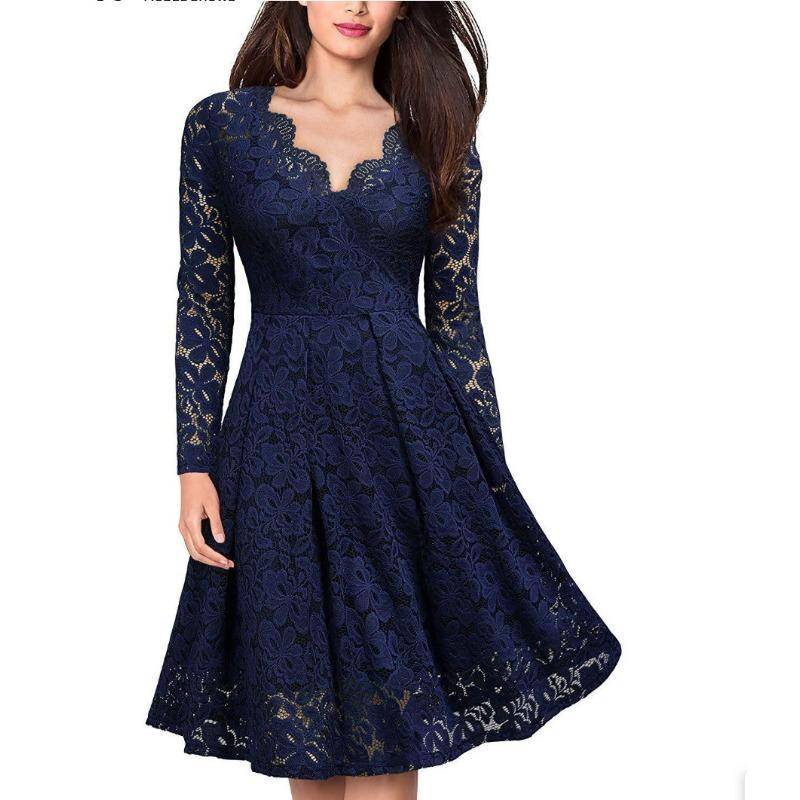 Damen Midi Kleid Vintage Spitze Rundhals Langarm Kleid Lässig Cocktailparty Abendkleid 3XL dunkelblaue von Joom DACH