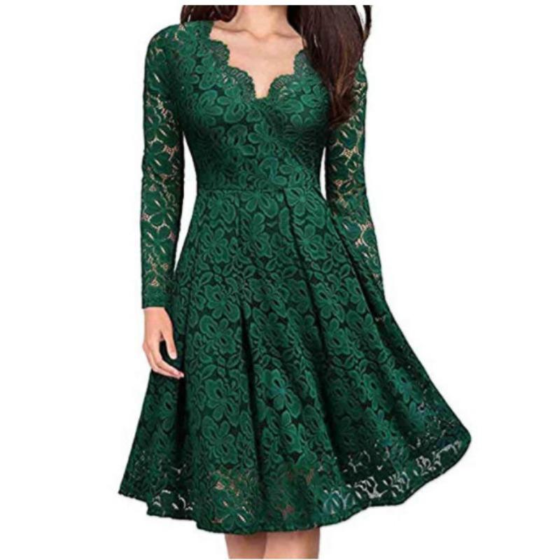 Damen Midi Kleid Vintage Spitze Rundhals Langarm Kleid Lässig Cocktailparty Abendkleid 3XL grün von Joom DACH