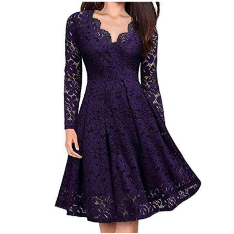 Damen Midi Kleid Vintage Spitze Rundhals Langarm Kleid Lässig Cocktailparty Abendkleid L violett von Joom DACH