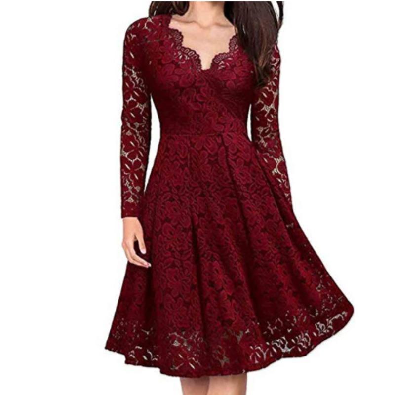 Damen Midi Kleid Vintage Spitze Rundhals Langarm Kleid Lässig Cocktailparty Abendkleid M rot von Joom DACH