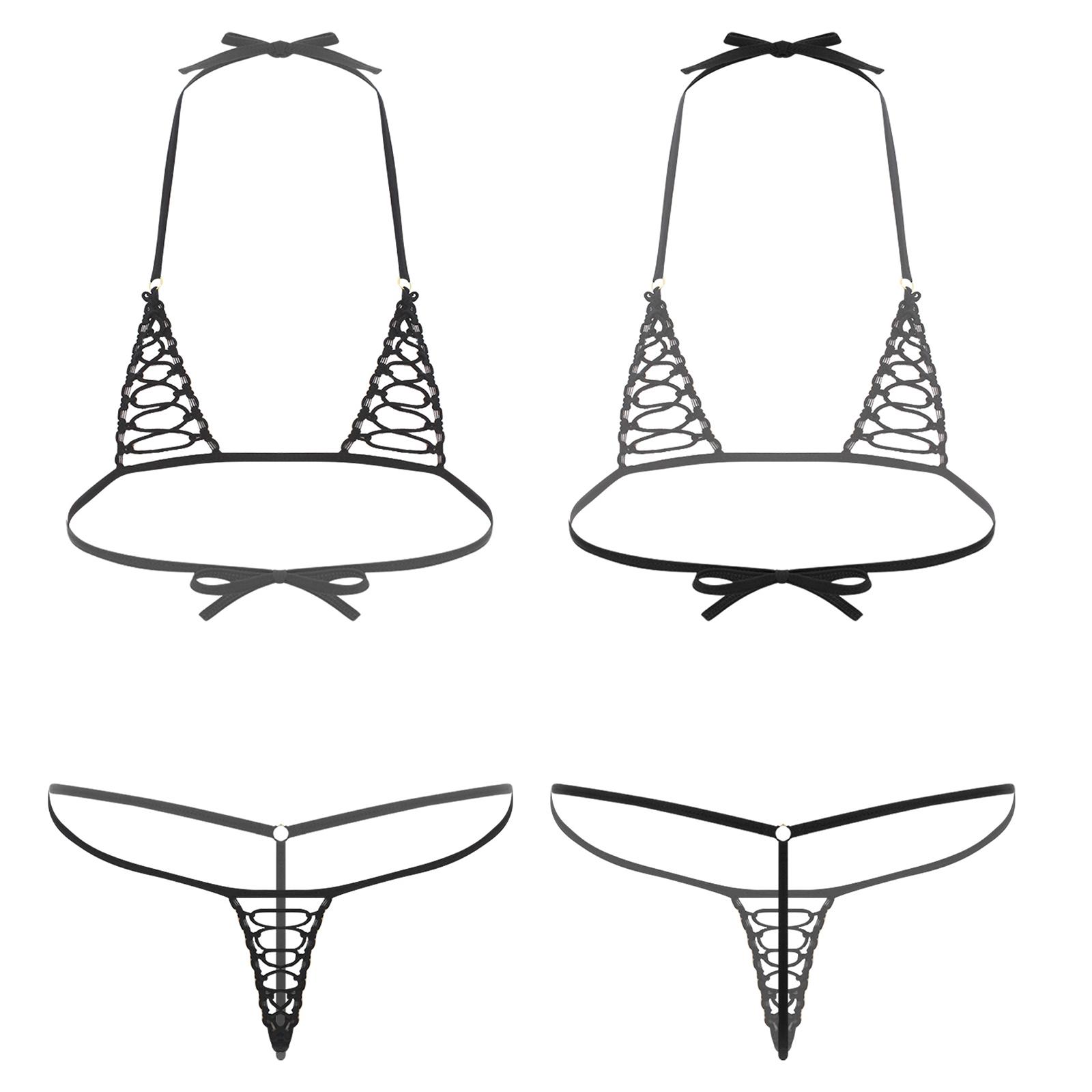 Damen Mikro Bikini Set Ausgeschnittene Cups Neckholder BH Oberteil mit T-Rücken G-String String Unterwäsche für Schwimmen Strand One Size von Joom DACH