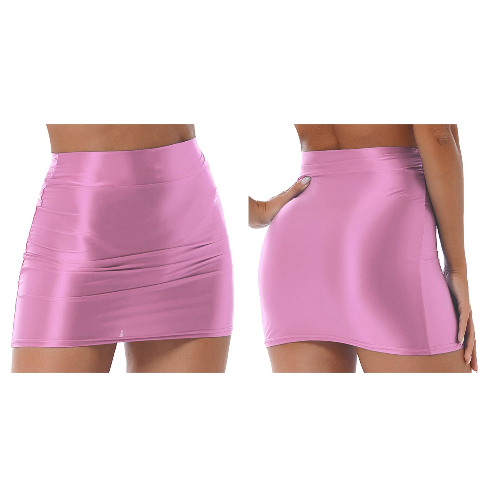 Damen-Mini-Bleistiftrock, glänzend, elastisch, hohe Taille, figurbetont, für Ausgehen, Club, Cocktailparty, Clubwear L rosa von Joom DACH