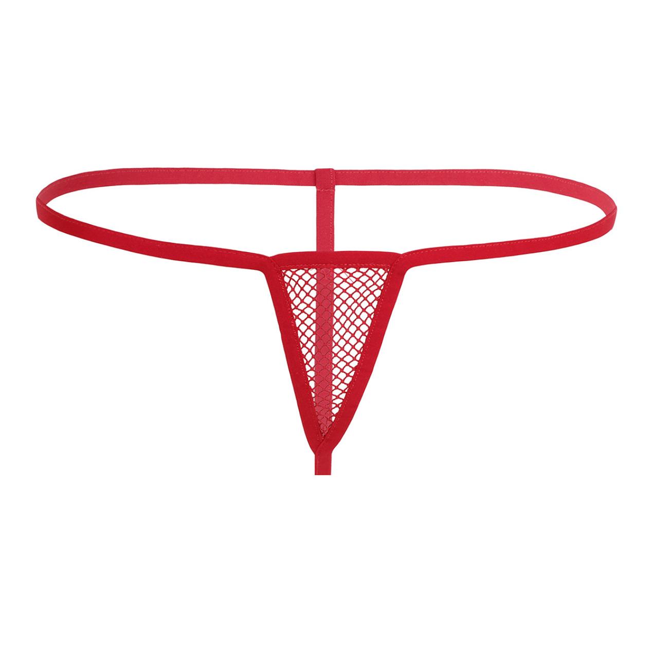 Damen-Mini-G-String-Tanga mit durchsichtigem, elastischem Bund und offenem Hintern aus Netzstoff vorne rot von Joom DACH