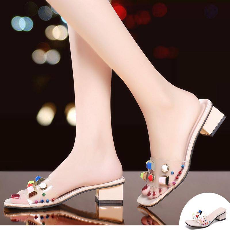 Damen Mittelhoher Dicker Absatz Transparent Weich Gesicht Sandalen Damen Bunte Diamantnieten Pantoletten Rutschfeste Weiche Sohle Bequeme Schuhe 36 apricot von Joom DACH