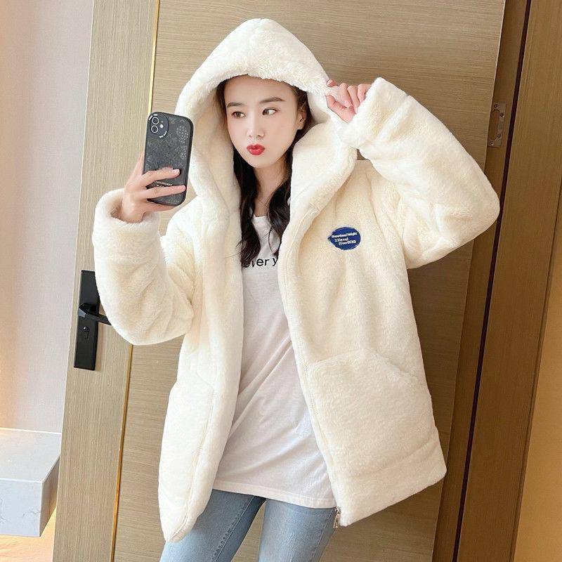 Damen Mittellanger Pelzmantel mit Kapuze Plüschjacke Locker verdickter pelziger warmer Mantel Herbst und Winter S weiß von Joom DACH