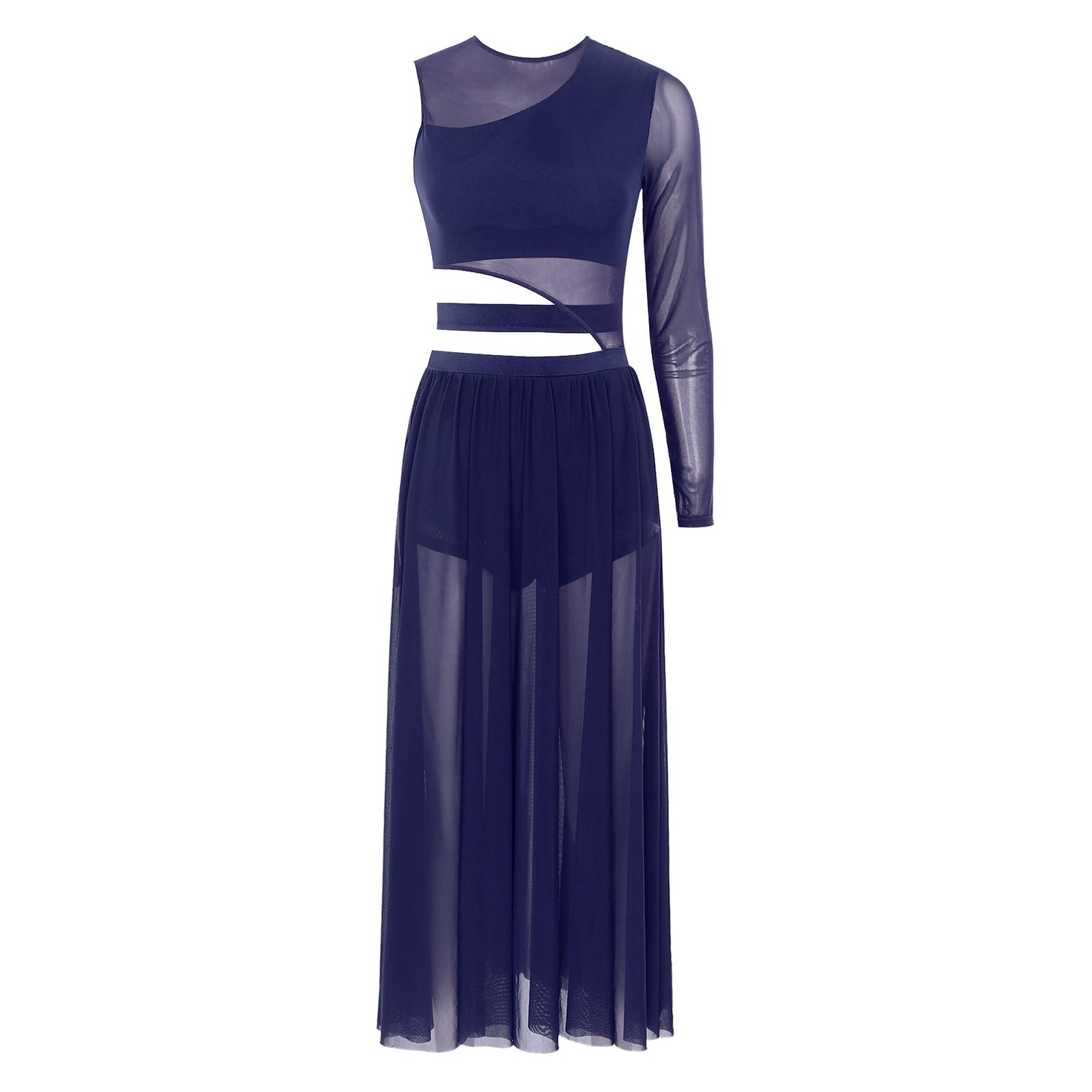 Damen Modernes Tanzkleid mit Cutout-Design, durchsichtiges Netz, Patchwork-Performance-Kleidung S navy blau von Joom DACH