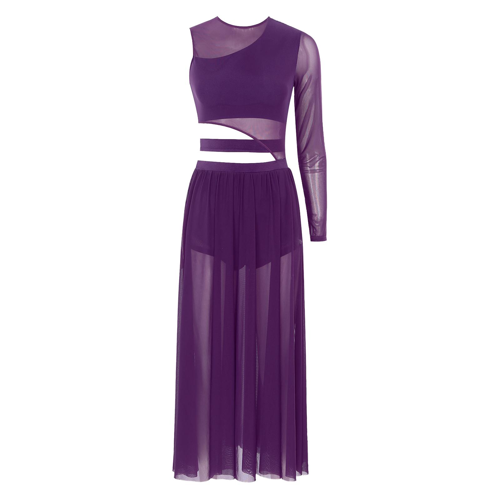 Damen Modernes Tanzkleid mit Cutout-Design, durchsichtiges Netz, Patchwork-Performance-Kleidung S violett von Joom DACH