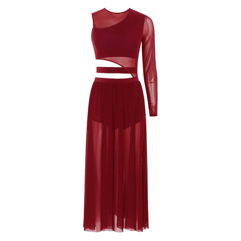 Damen Modernes Tanzkleid mit Cutout-Design, durchsichtiges Netz, Patchwork-Performance-Kleidung S bordeaux von Joom DACH