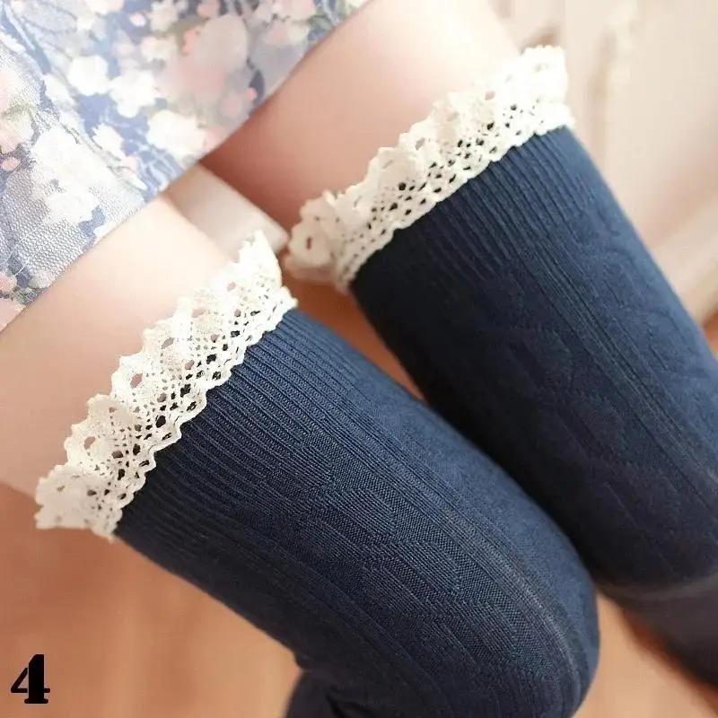 Damen Modische Einfarbige Warme Baumwolle Oberschenkelhoch Lange Strümpfe Gestrickt Über Knie Spitze Mädchen Socken Accessoires Kreative Geschenke One Size navy blau von Joom DACH
