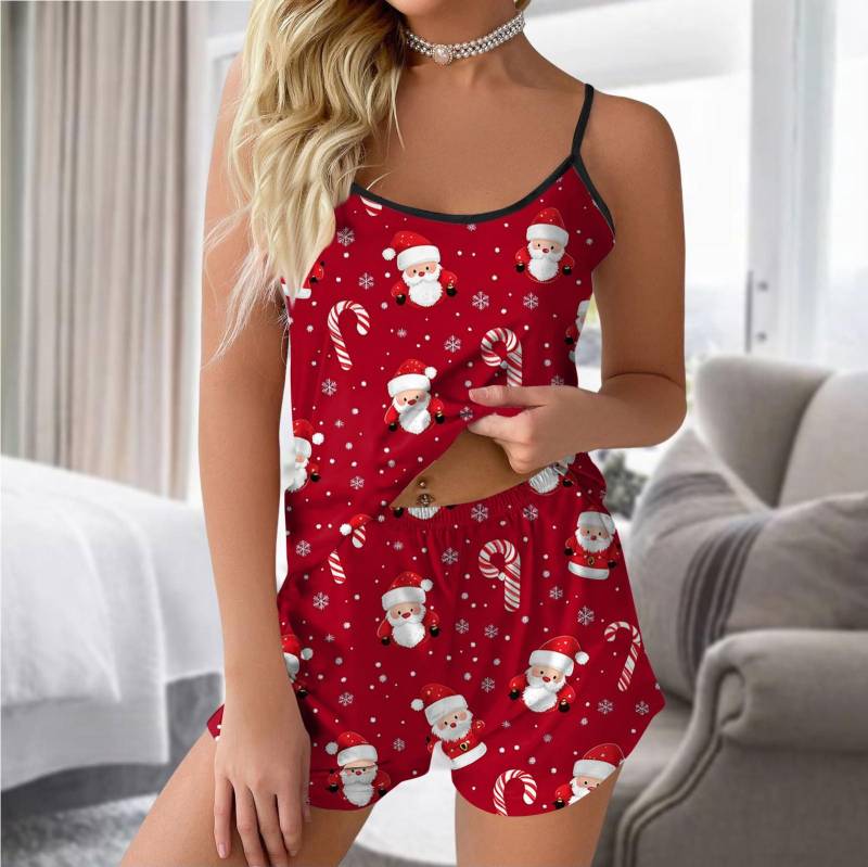 Damen Modisches, lässiges Pyjama-Set mit ärmellosem Oberteil und Shorts mit Weihnachtsmuster XXL rot von Joom DACH