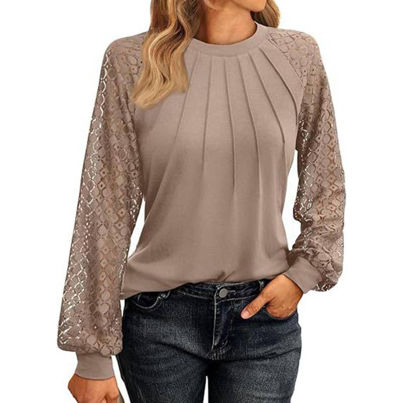 Damen Modisches Langarmshirt mit Spitze und Rüschen, T-Shirt, einfarbig, Rundhalsausschnitt, lässiges Oberteil XXL khaki von Joom DACH