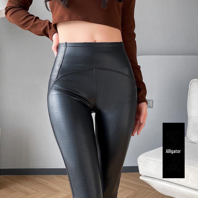 Damen-Motorrad-Leggings aus mattiertem PU-Leder und Samt – Herbst/Winter, winddicht, elastisch, große Größe S (70-95 lbs) von Joom DACH