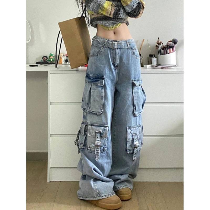 Damen Multi-Pocket Blau gewaschene Denim Cargohose Vintage High Street Fashion High Waist Jeans Streetwear Damen Schlichte Casual Hose mit weitem Bein XL blau von Joom DACH