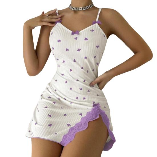 Damen Nachthemd Schlitz Saum Spitze Schleife Dekor Rückenfrei Ärmellos Home Wear Kleid S violett von Joom DACH