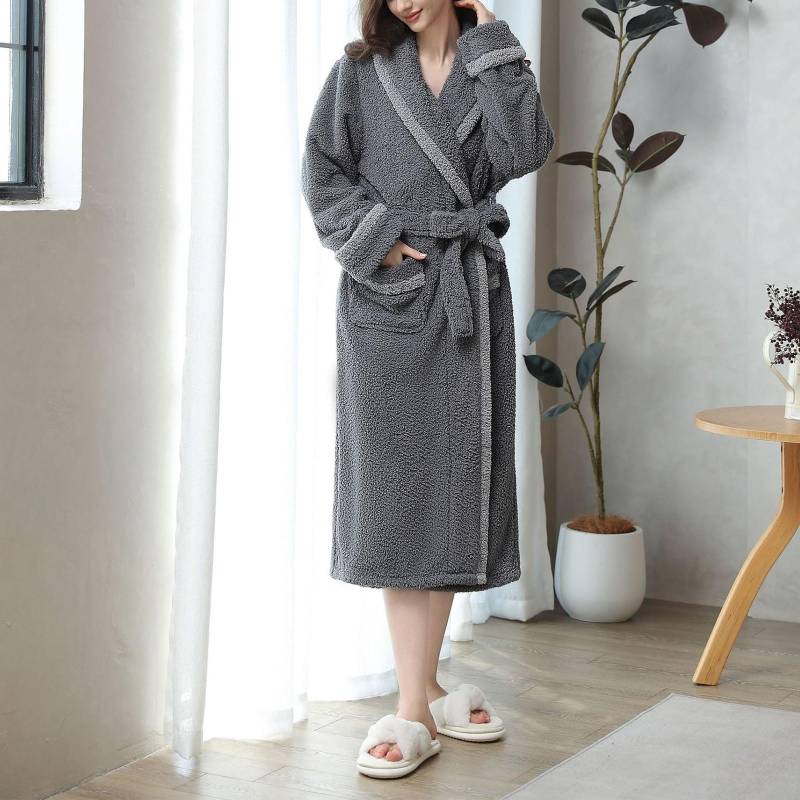 Damen Nachthemd Winter Verdicken Bademantel Luxus Damen Lange Robe Flanell Warme Nachtwäsche Frau Morgenmantel Bademäntel mit Tasche XL grau von Joom DACH