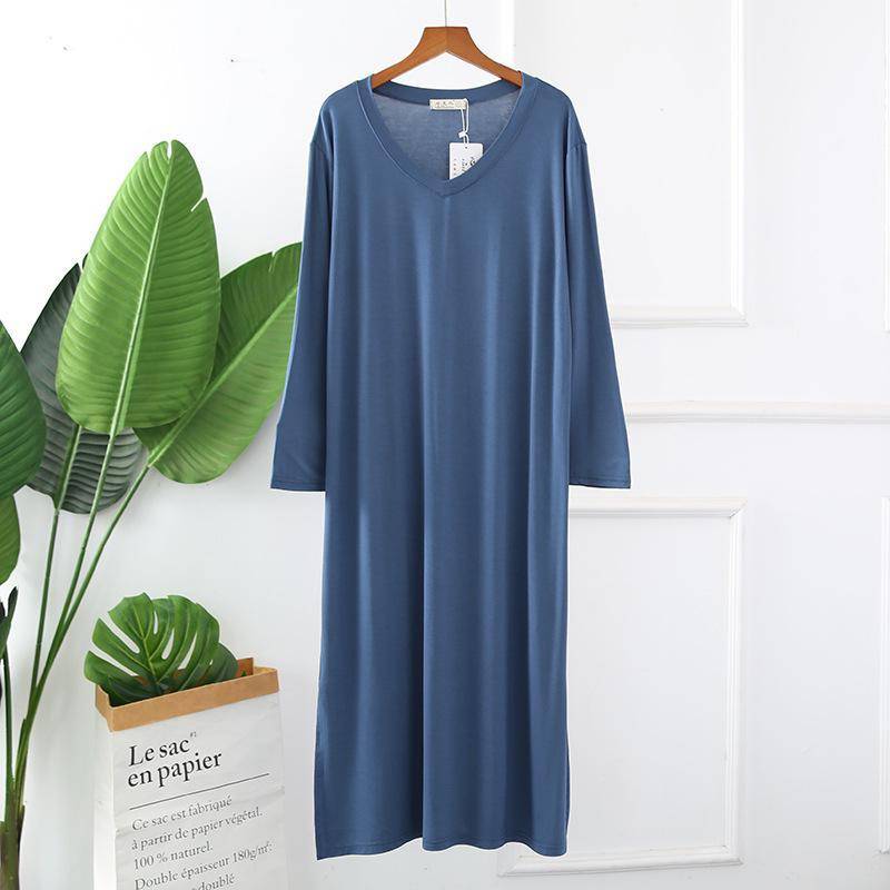 Damen Nachthemd aus Modal-Baumwolle, langärmelig, V-Ausschnitt, lockere Passform, für Frühling und Sommer XL pfau blau von Joom DACH