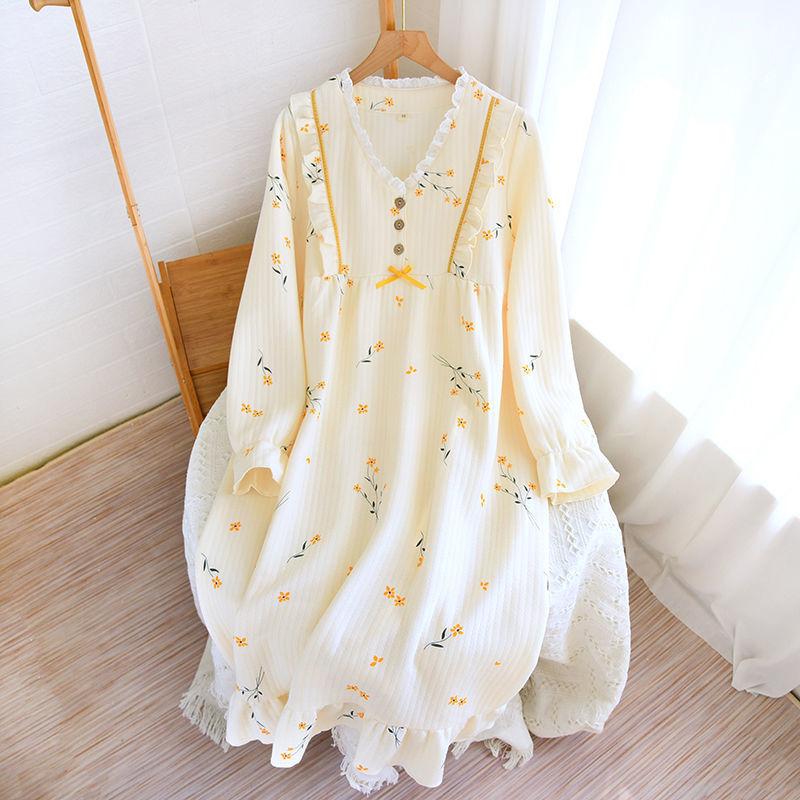 Damen-Nachthemd aus reiner Baumwolle, langärmeliger Pyjama, neuer Rundhalsausschnitt, süßer, sanfter, lässiger, lockerer Pyjama M von Joom DACH