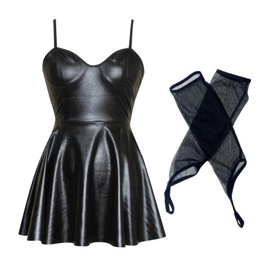 Damen Nachthemd mit Saum Glatte Trägerärmel Tief ausgeschnittene Spaghettiträger Netzarm A-Linie Lockeres Kunstleder 3XL schwarz von Joom DACH