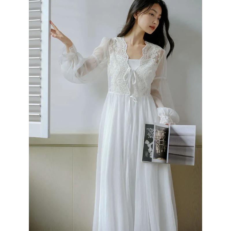 Damen Nachthemd mit Spitze, lang, Prinzessinnen-Stil, zweiteilig, Gaze, lange Ärmel, Nachthemd, Futter, Spaghettiträger, Nachthemd, Neu S weiß von Joom DACH