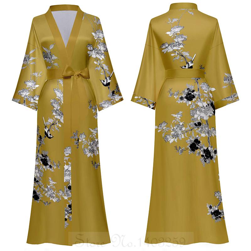 Damen Nachthemd mit chinesischem Print im Retro-Satin-Stil, lange Robe, Nachthemd, Halbarm, Kimono, Bademantel, lose Homewear One size von Joom DACH