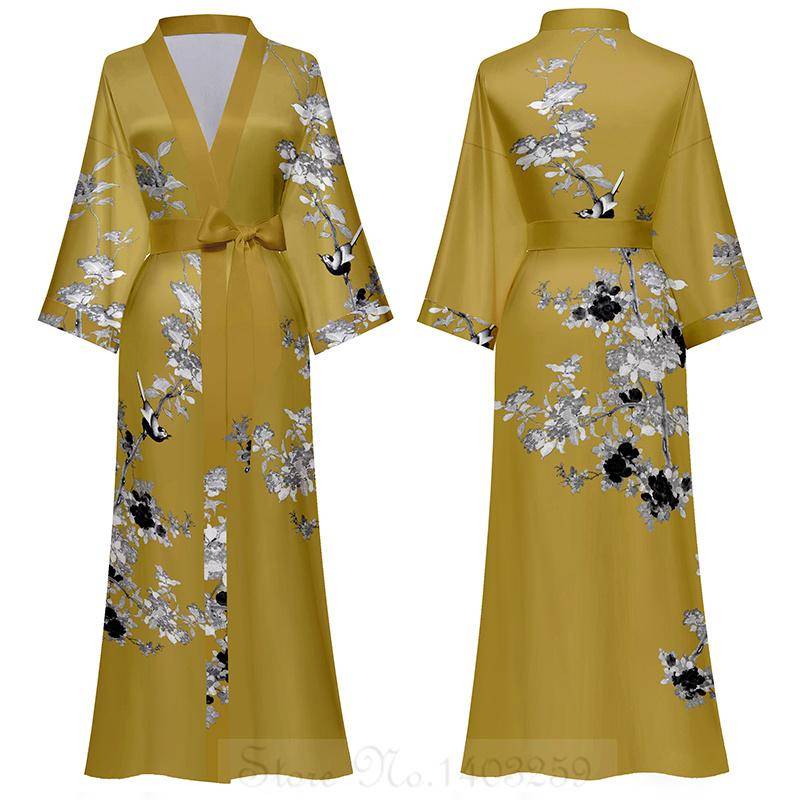 Damen Nachthemd mit chinesischem Print im Retro-Satin-Stil, lange Robe, Nachthemd, Halbarm, Kimono, Bademantel, lose Homewear One size von Joom DACH
