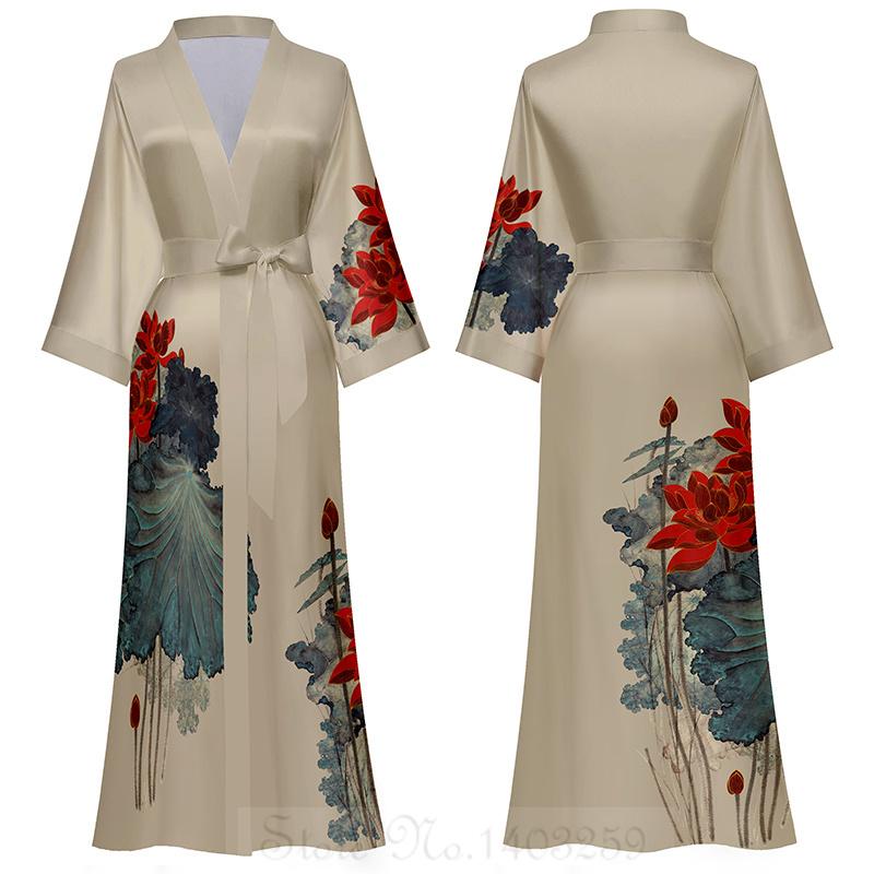 Damen Nachthemd mit chinesischem Print im Retro-Satin-Stil, lange Robe, Nachthemd, Halbarm, Kimono, Bademantel, lose Homewear One size von Joom DACH