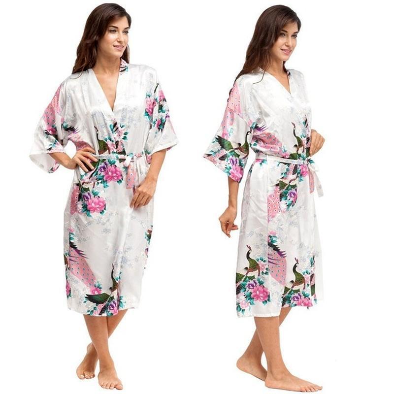 Damen-Nachtwäsche, Seidensatin-Robe, Kimono, Strickjacke, Morgenmantel, Bademantel, Pyjama M weiß von Joom DACH