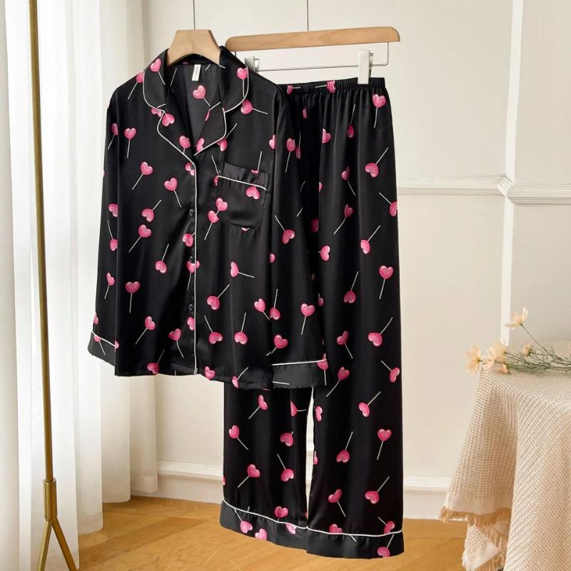 Damen Nachtwäsche Frühling Herbst Pyjama Zweiteiliges Set Druck Langarmshirts Hosenanzug Hauskleidung Locker Satin Pyjama Lingerie XL schwarz von Joom DACH