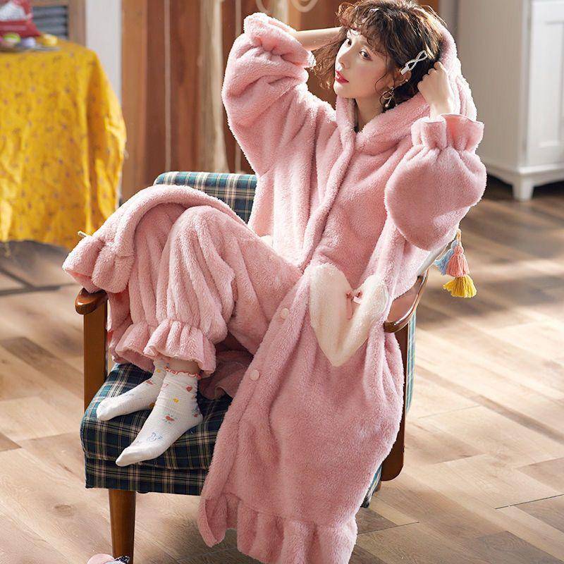 Damen Nachtwäsche Nachthemd Winter Nachtwäsche Warm Fleece Pyjama Einteiler Nachthemd Knopfleiste Langarm Homewear XL rosa von Joom DACH
