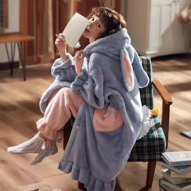 Damen Nachtwäsche Nachthemd Winter Nachtwäsche Warm Fleece Pyjama Einteiler Nachthemd Knopfleiste Langarm Homewear XL blau von Joom DACH