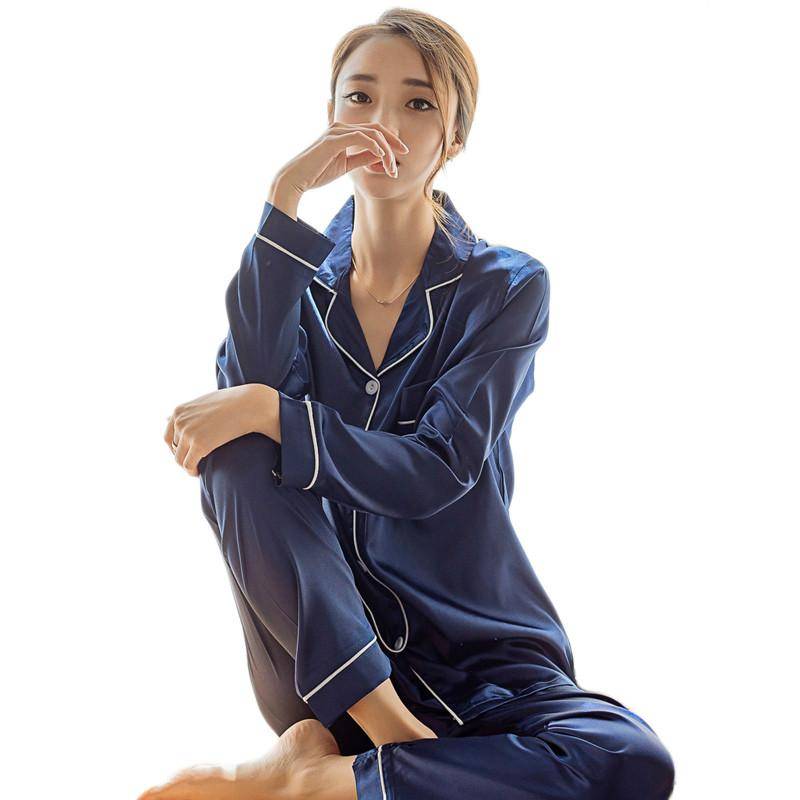 Damen Nachtwäsche Set aus Seidensatin mit langen Ärmeln, zweiteiliger Schlafanzug, Loungewear, Übergröße XXXL blau von Joom DACH