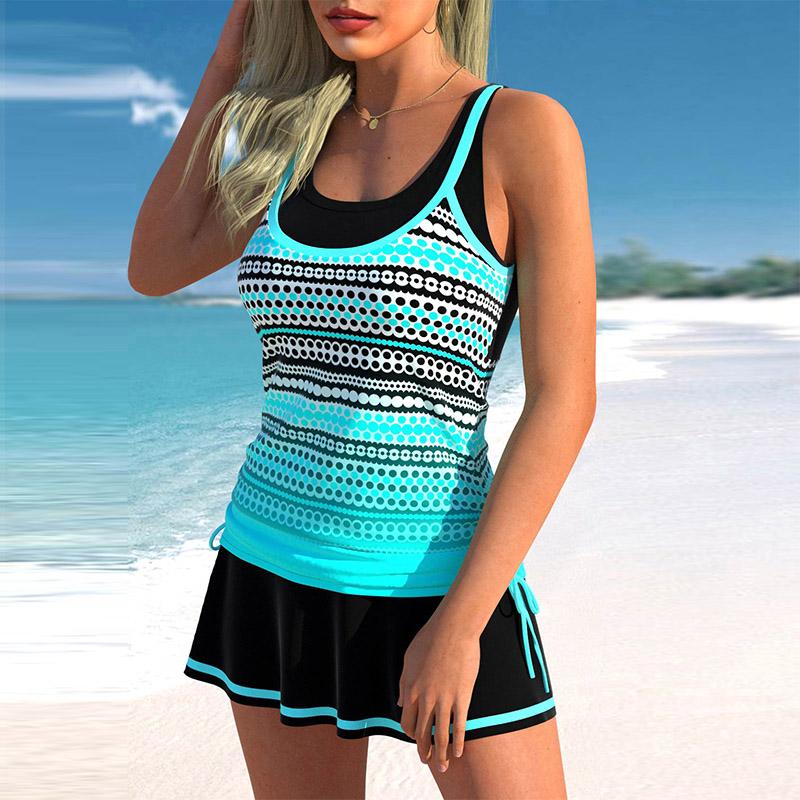 Damen Neckholder-Bikini-Tankini-Badeanzug, Badeanzug mit unterschiedlicher Dicke und feinem Streifendruck 3XL cyanblau von Joom DACH