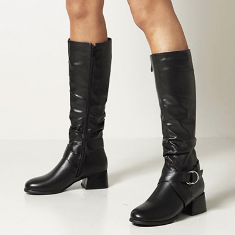 Damen Neue Heiße Verkauf Über Knie Hohe Stiefel Schnalle Runde Kappe Hohe Stiefel Frauen Plissee Niedrigen Absatz Casual Leder Winter Frauen stiefel 34 schwarz von Joom DACH
