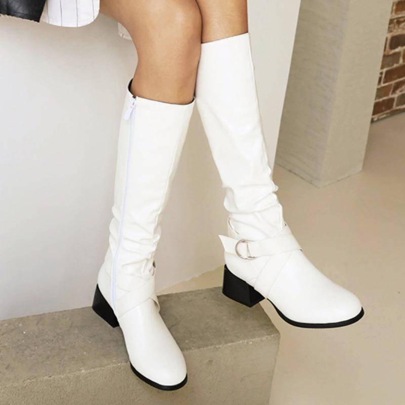 Damen Neue Heiße Verkauf Über Knie Hohe Stiefel Schnalle Runde Kappe Hohe Stiefel Frauen Plissee Niedrigen Absatz Casual Leder Winter Frauen stiefel 38 weiß von Joom DACH