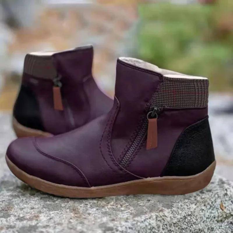 Damen Neue Leder Stiefeletten Flache Schuhe Herbst Winter Schneestiefel Plateau Reißverschluss Punk Stiefel Quadratischer Absatz Damenschuhe 43 violett von Joom DACH