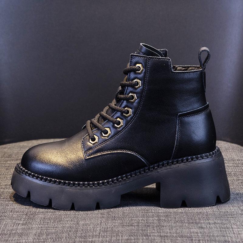 Damen Neue echte Leder kurze Stiefel im britischen Stil dicke Sohle Herbst Frühling und Herbst Stiefel Flut 40 von Joom DACH