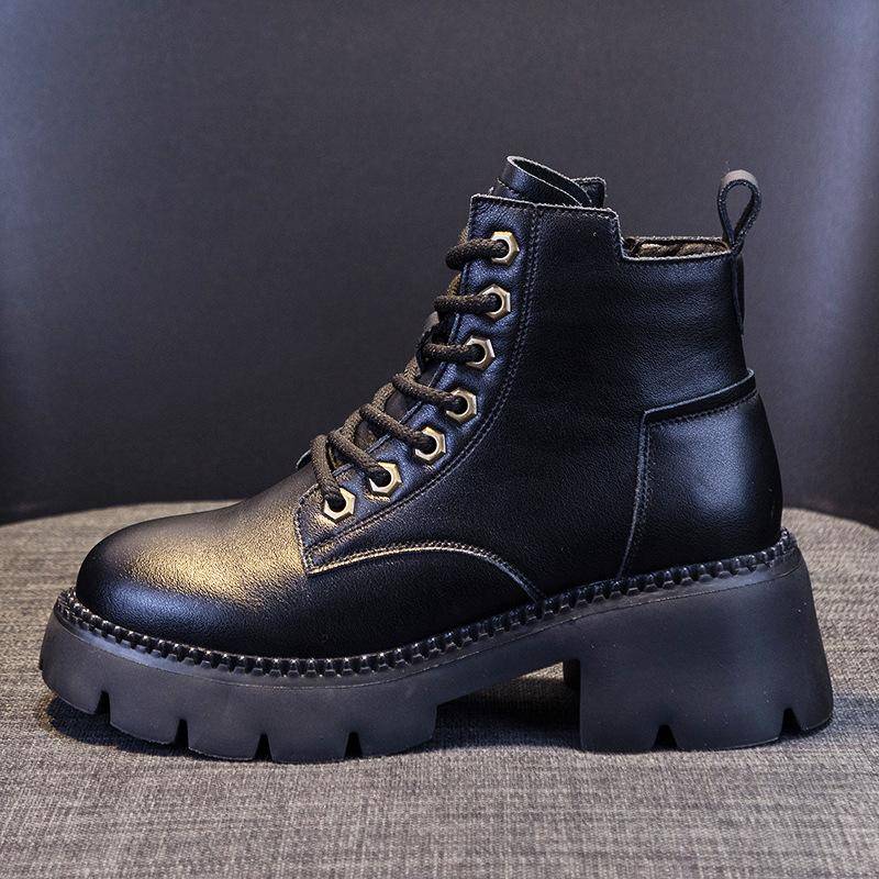 Damen Neue echte Leder kurze Stiefel im britischen Stil dicke Sohle Herbst Frühling und Herbst Stiefel Flut 40 von Joom DACH