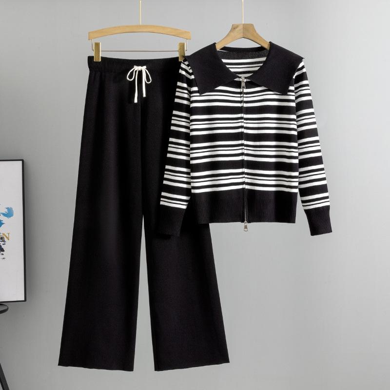 Damen New Fashion Herbst gestreiften Pullover breite Beinhose stricken zweiteiliges Set one size schwarz von Joom DACH
