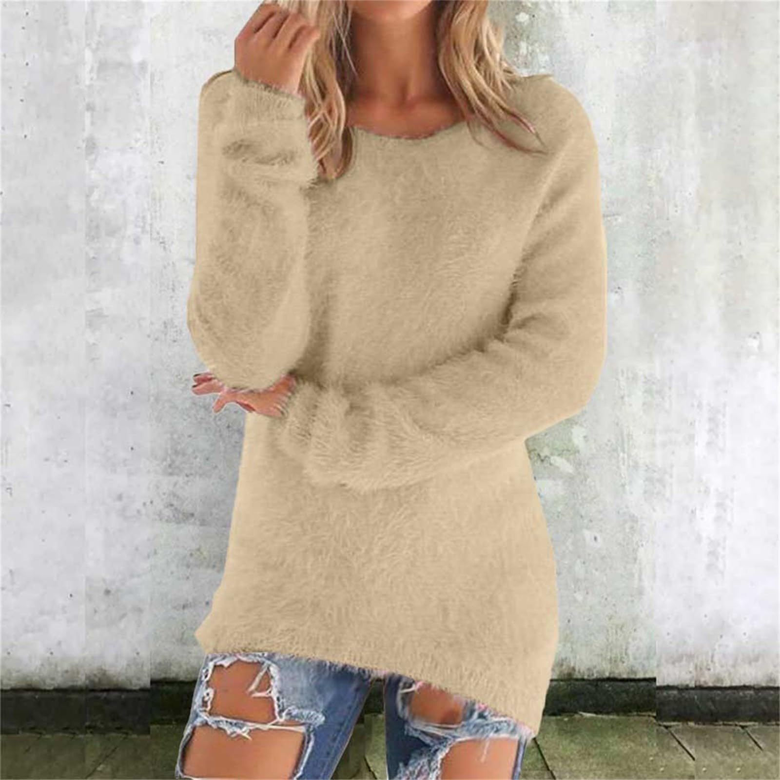 Damen Niedliche Pullover Lässiger Rundhals Fleece Pullover Langarm Thermisch Weich Flauschig Pullover Winterkleidung M beige von Joom DACH