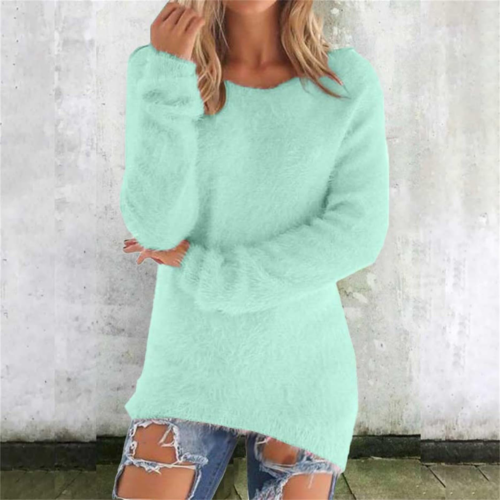 Damen Niedliche Pullover Lässiger Rundhals Fleece Pullover Langarm Thermisch Weich Flauschig Pullover Winterkleidung S grün von Joom DACH