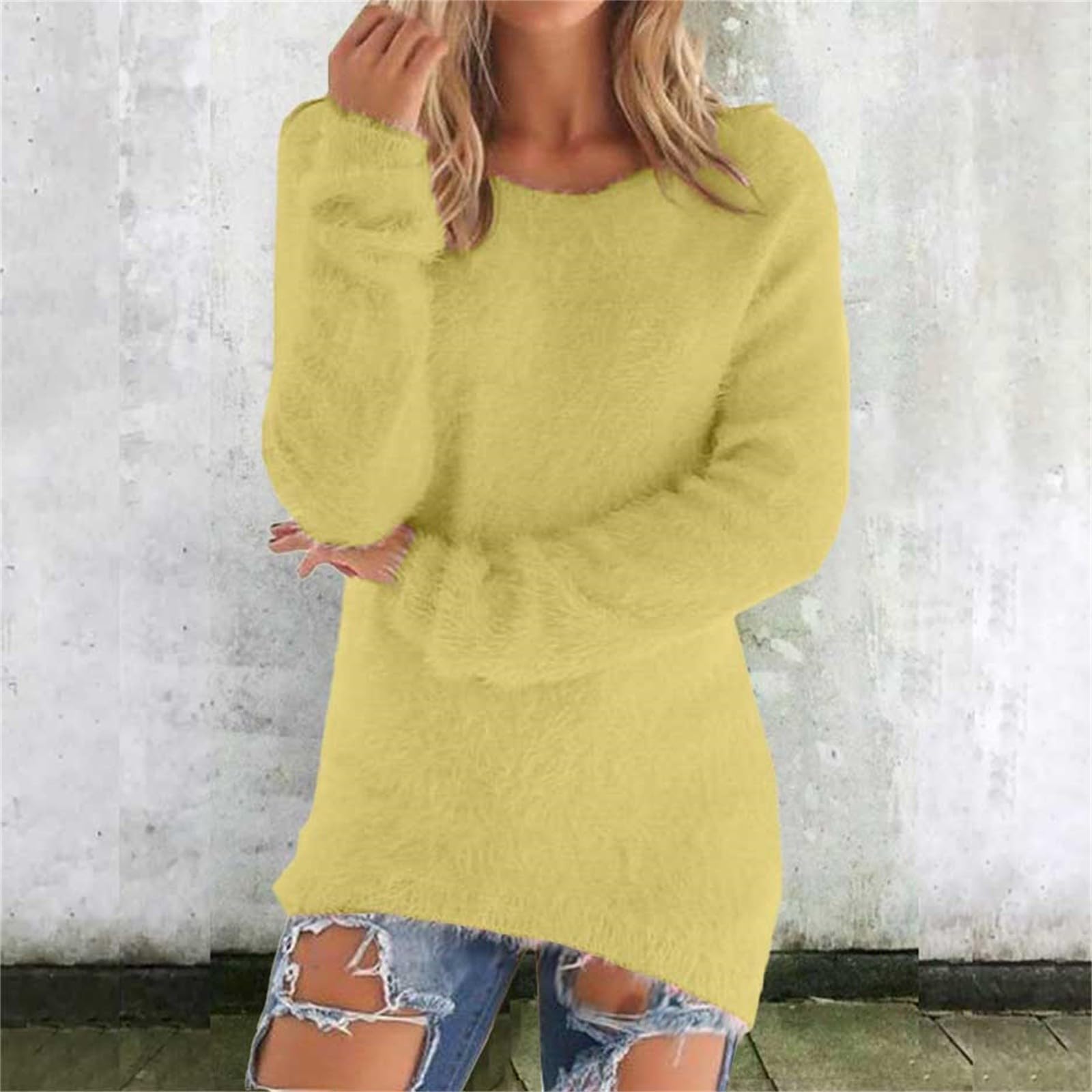 Damen Niedliche Pullover Lässiger Rundhals Fleece Pullover Langarm Thermisch Weich Flauschig Pullover Winterkleidung S gelb von Joom DACH