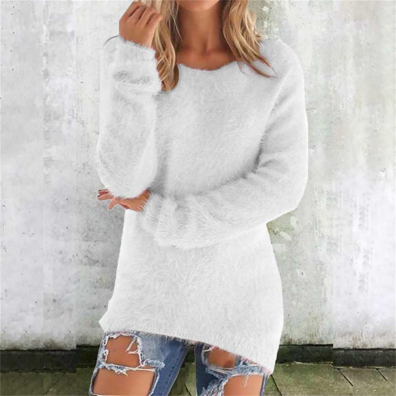 Damen Niedliche Pullover Lässiger Rundhals Fleece Pullover Langarm Thermisch Weich Flauschig Pullover Winterkleidung S weiß von Joom DACH
