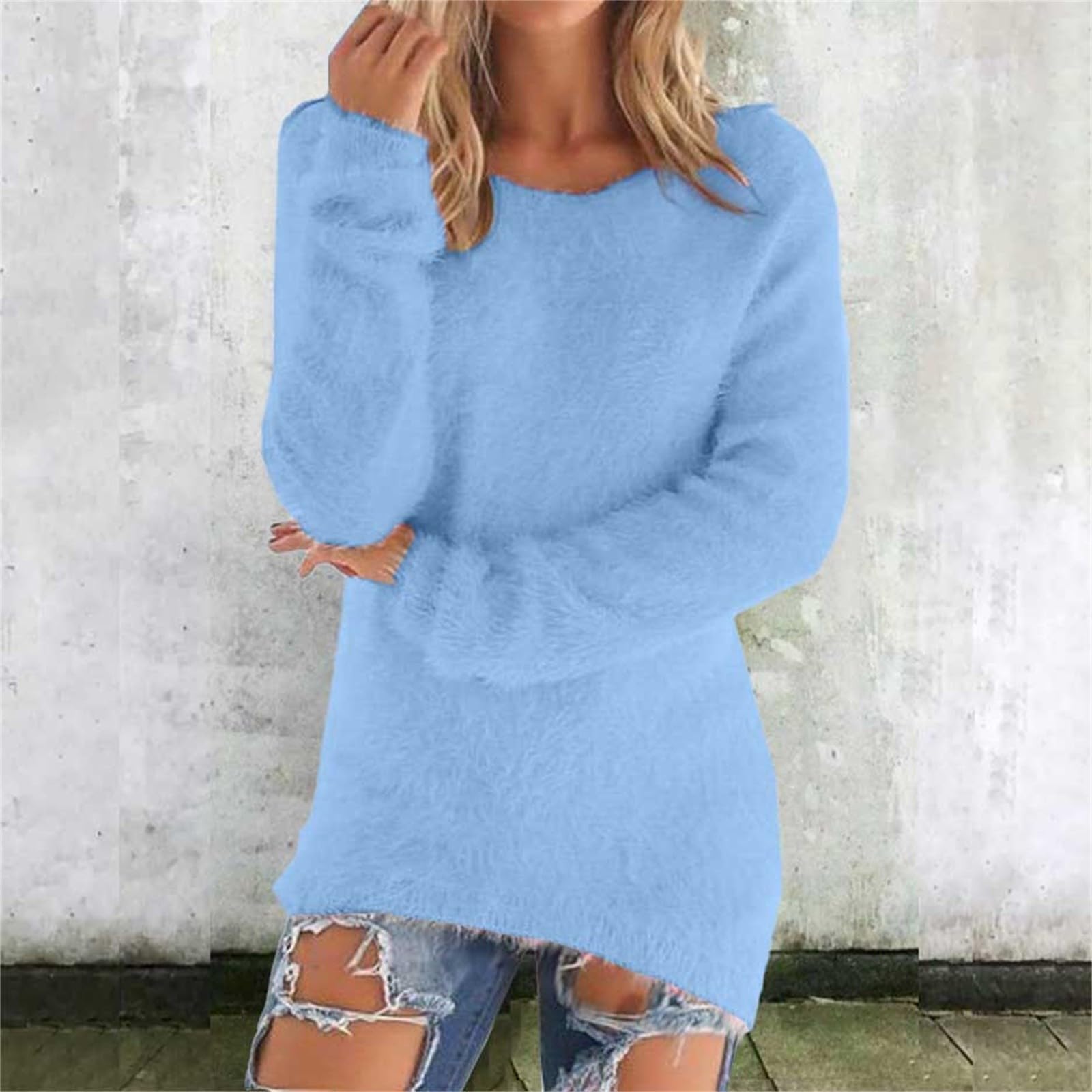Damen Niedliche Pullover Lässiger Rundhals Fleece Pullover Langarm Thermisch Weich Flauschig Pullover Winterkleidung XL blau von Joom DACH