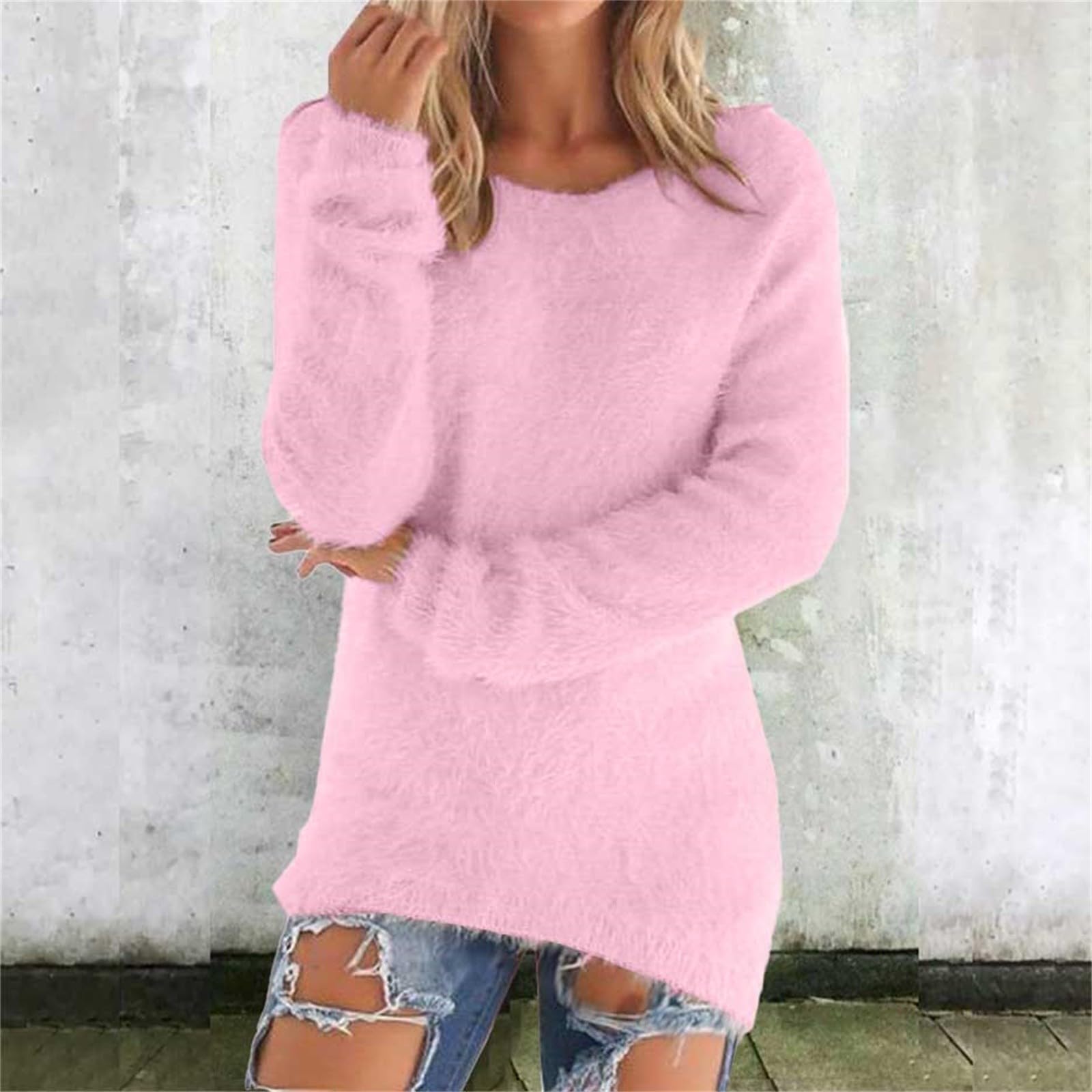Damen Niedliche Pullover Lässiger Rundhals Fleece Pullover Langarm Thermisch Weich Flauschig Pullover Winterkleidung XL rosa von Joom DACH